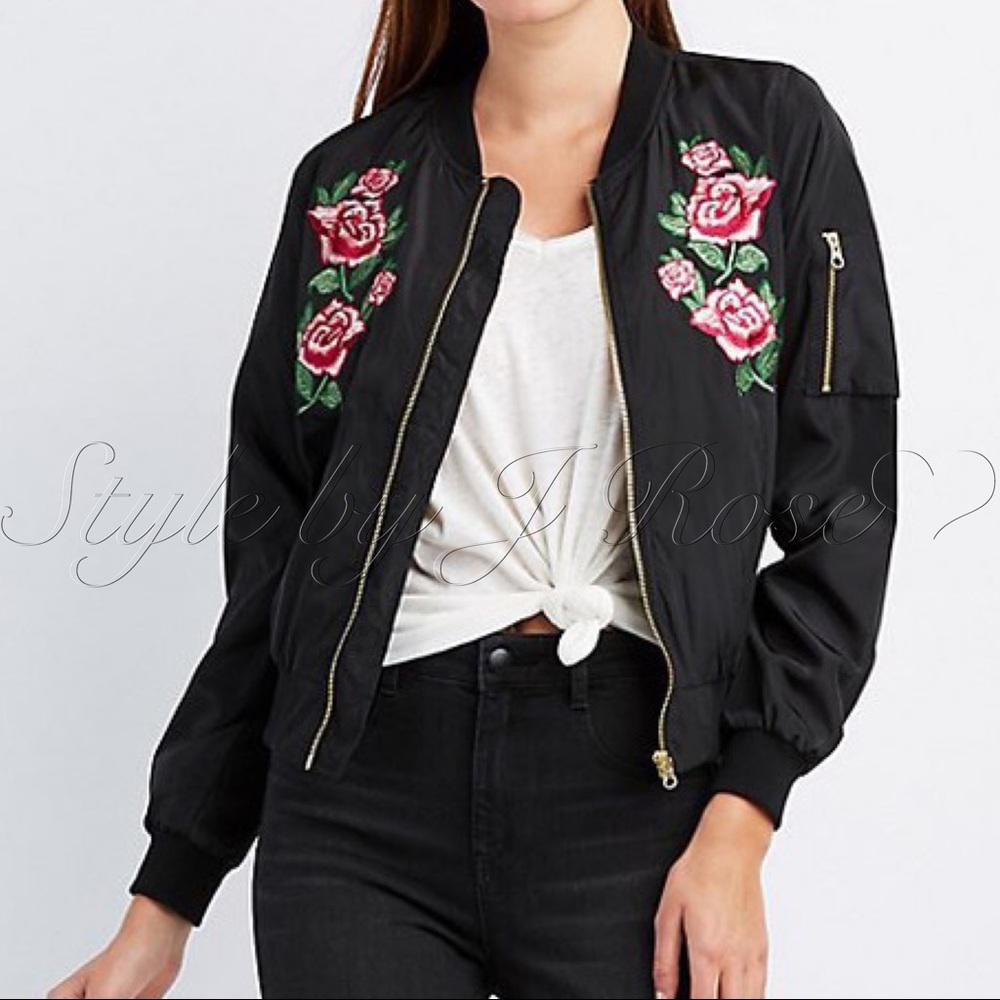 Black Bomber Jacket with Rose Embroidery